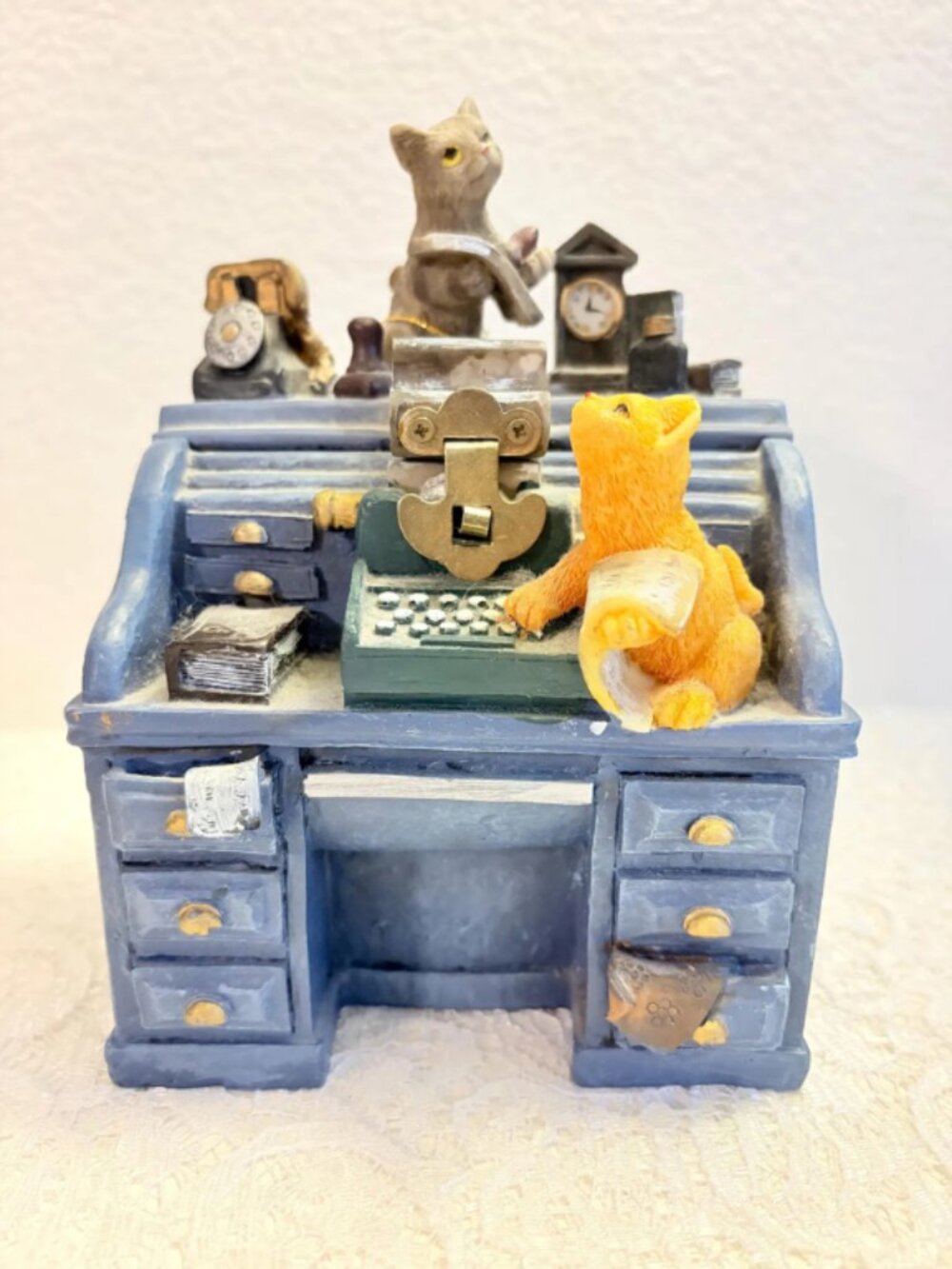 Figi Graphics VINTAGE "A DAY at the OFFICE" Resin Cat Trinket Box/Piggy Bank
